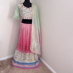 Embroidered Lehenga Choli Set - Pink, Blue & Green